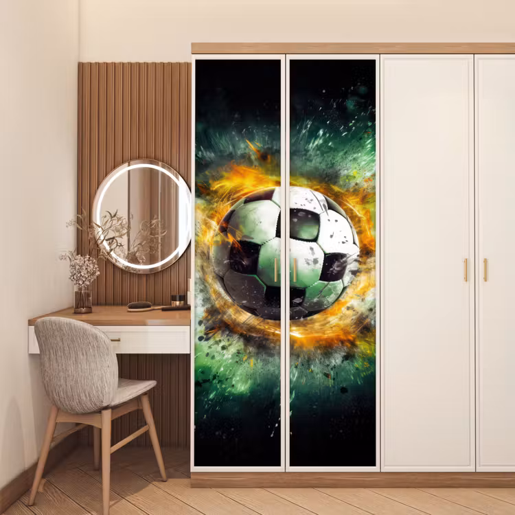 Bal - Voetbal - Groen - Oranje - Rook deurposter klein -sfeer3