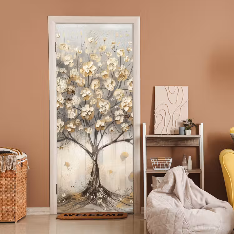 Boom - Beige - Goud - Verflook - Grijs deurposter klein -sfeer1