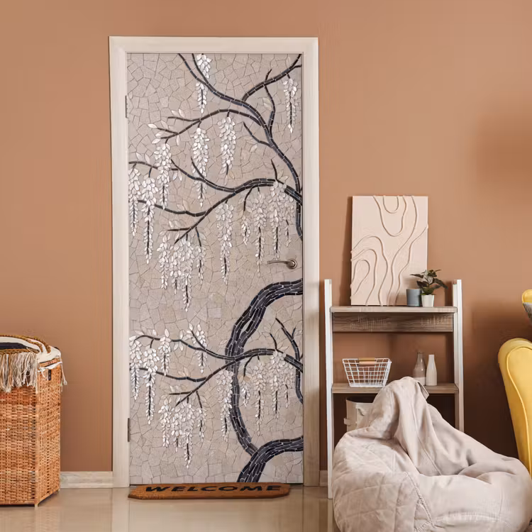 Boom - Bloemen - Mozaïek - Kunst - Wit deurposter klein -sfeer1