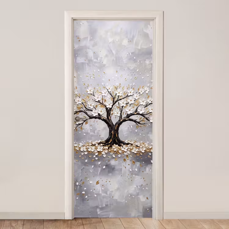 Boom - Bloemen - Natuur - Abstract - Wit deurposter klein -3d_beige