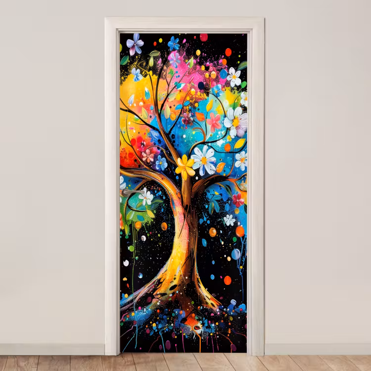 Boom - Kleurrijk - Bloemen - Zwart deurposter klein -3d_beige
