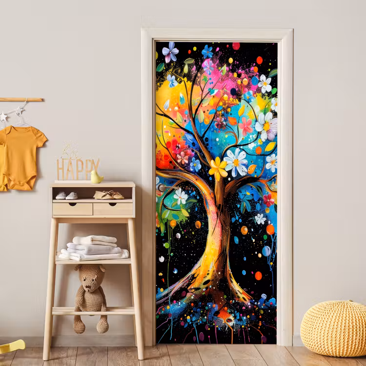 Boom - Kleurrijk - Bloemen - Zwart deurposter klein -sfeer4