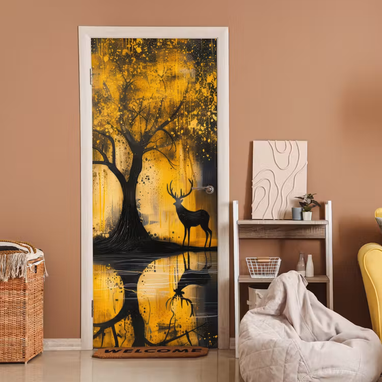 Boom - Verflook - Hert - Natuur - Goud deurposter klein -sfeer1