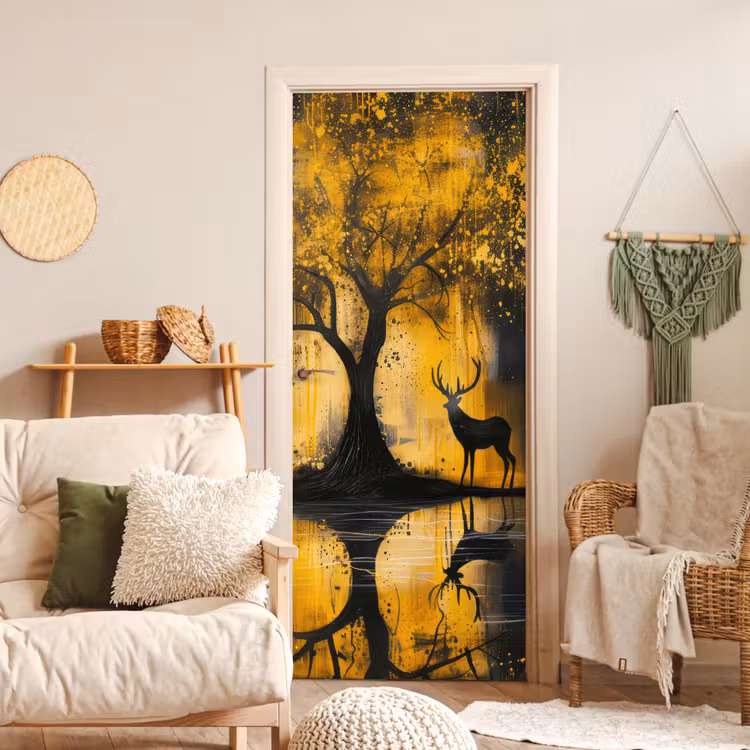 Boom - Verflook - Hert - Natuur - Goud deurposter klein -sfeer2