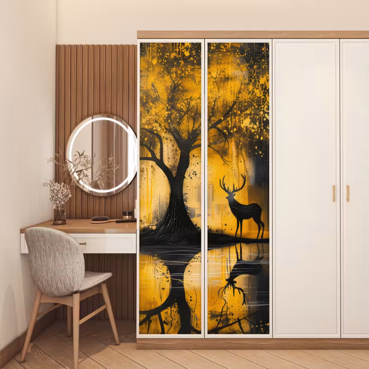 Boom - Verflook - Hert - Natuur - Goud deurposter klein -sfeer3