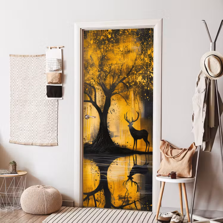 Boom - Verflook - Hert - Natuur - Goud deurposter klein -sfeer6