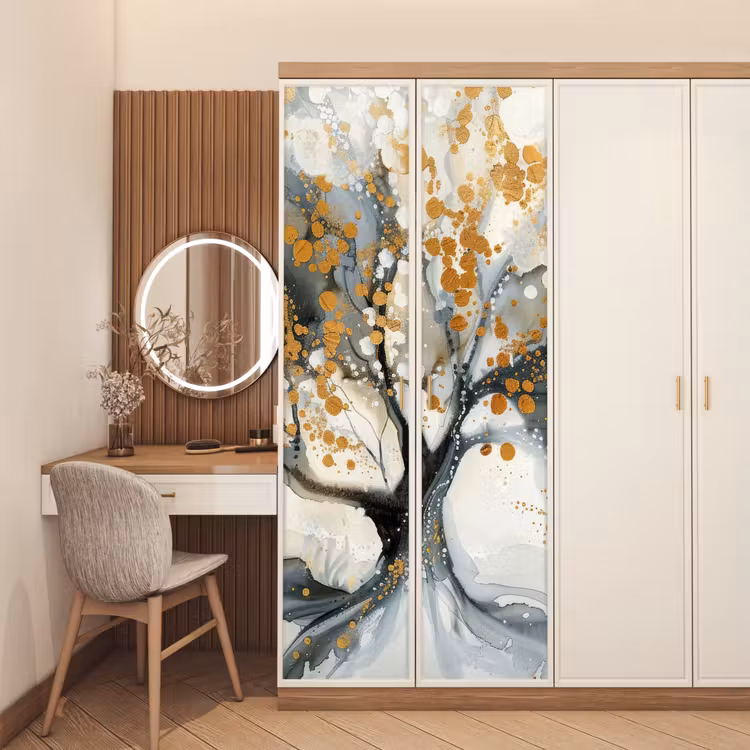 Boom - Modern - Abstract - Goud - Zwart - Wit deurposter klein -sfeer3
