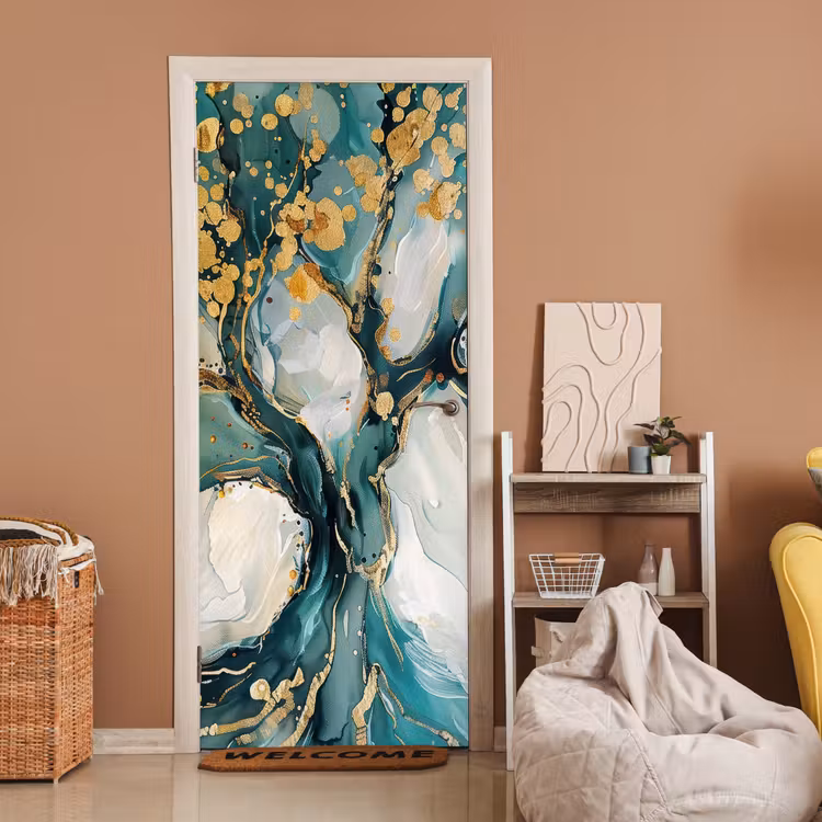 Boom - Modern - Verflook - Turquoise - Goud deurposter klein -sfeer1