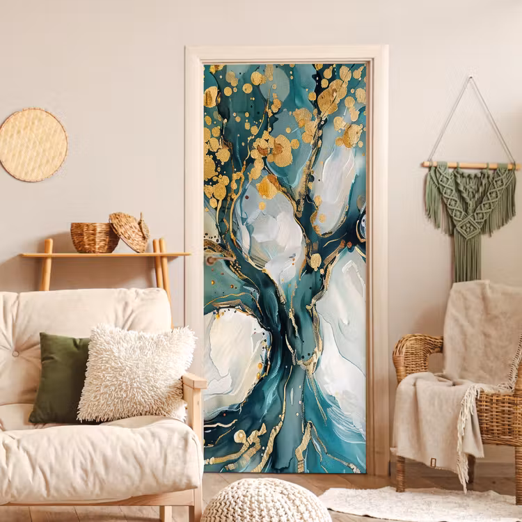 Boom - Modern - Verflook - Turquoise - Goud deurposter klein -sfeer2
