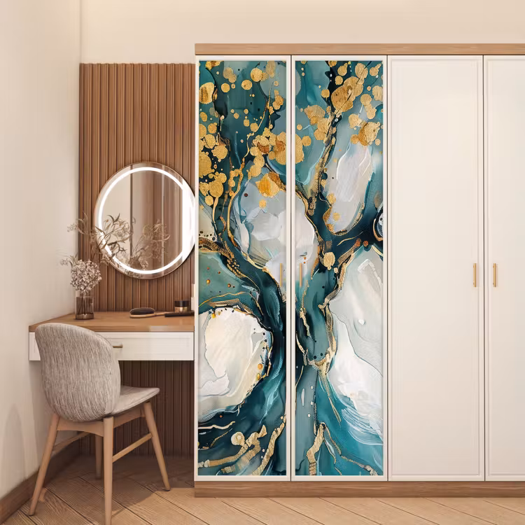 Boom - Modern - Verflook - Turquoise - Goud deurposter klein -sfeer3