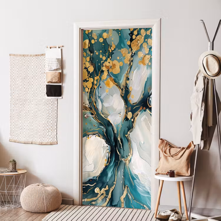 Boom - Modern - Verflook - Turquoise - Goud deurposter klein -sfeer6