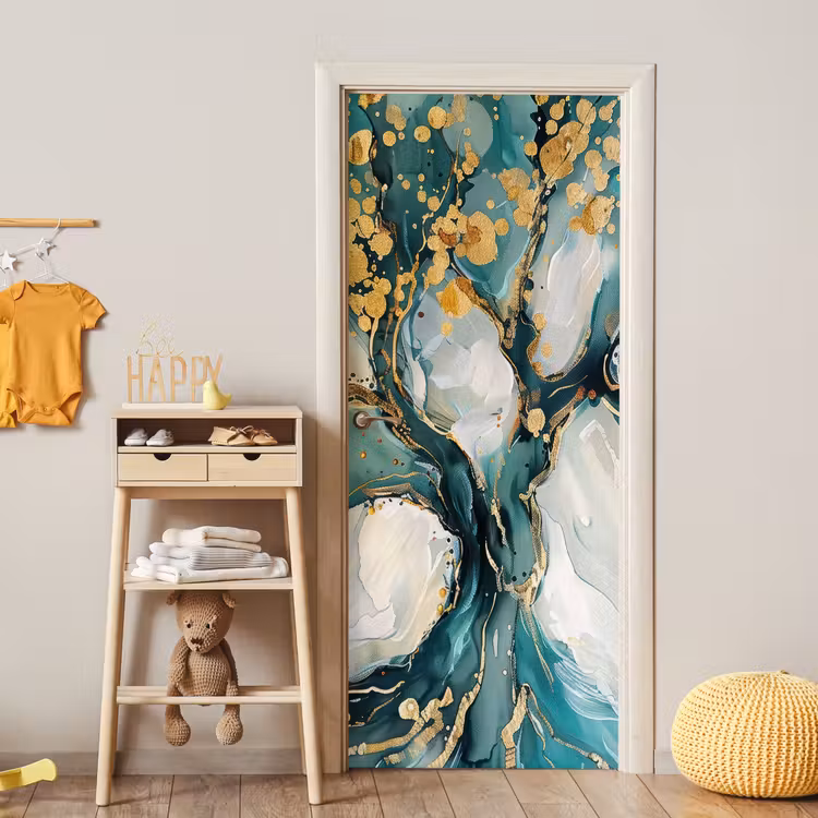 Boom - Modern - Verflook - Turquoise - Goud deurposter klein -sfeer4