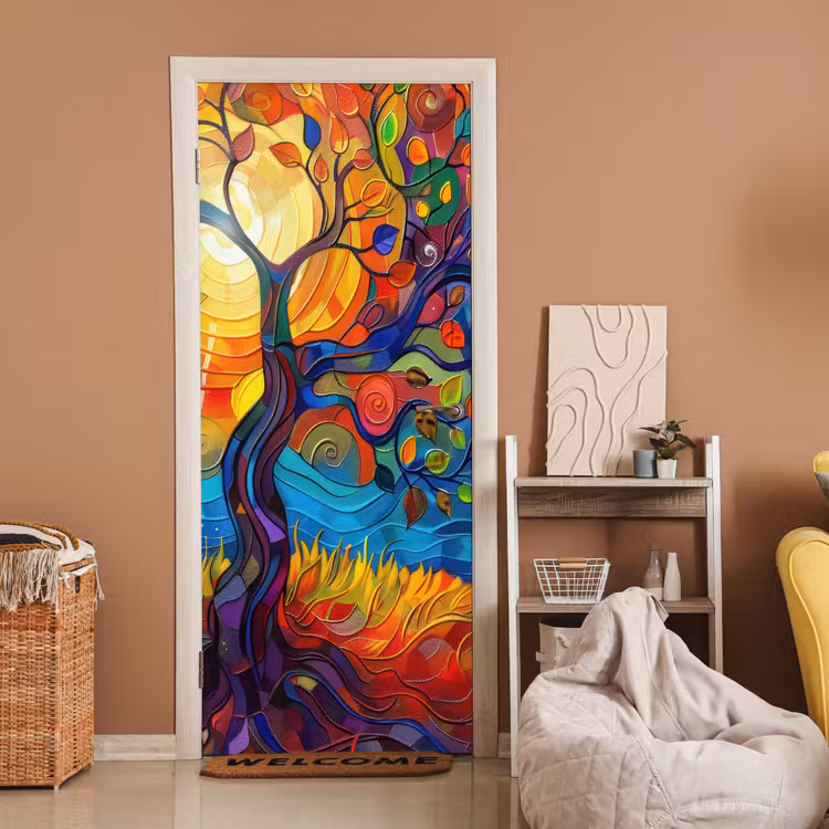 Boom - Zon - Verflook - Kleuren - Abstract deurposter klein -sfeer1