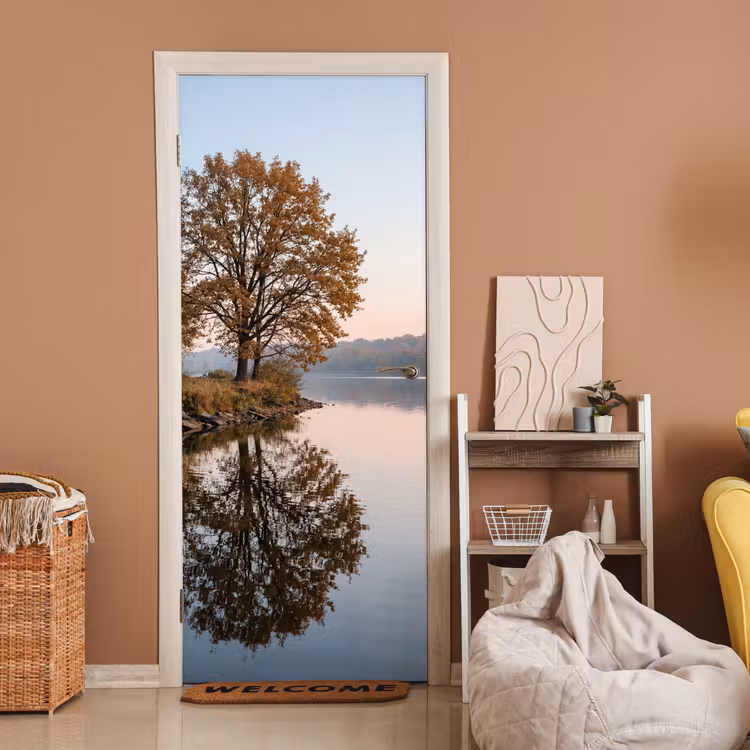 Bomen - Reflectie - Water - Zonsopgang - Serene deurposter klein -sfeer1