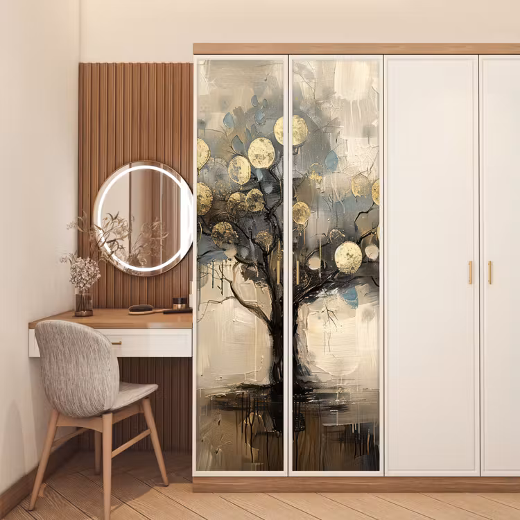 Beige - Abstract - Boom - Goud deurposter klein -sfeer3