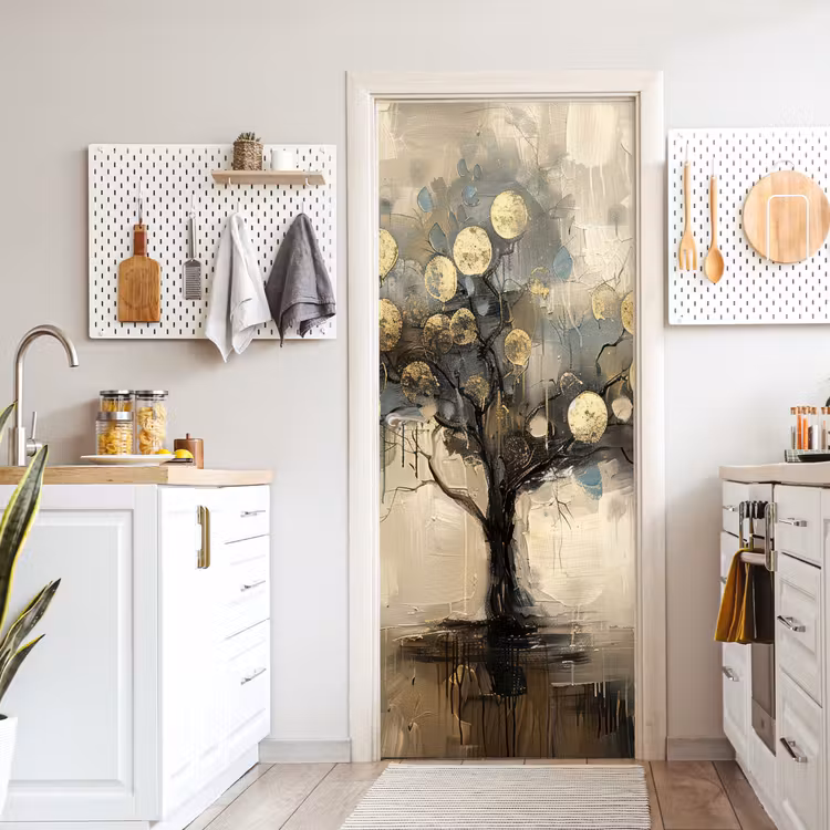 Beige - Abstract - Boom - Goud deurposter klein -sfeer5