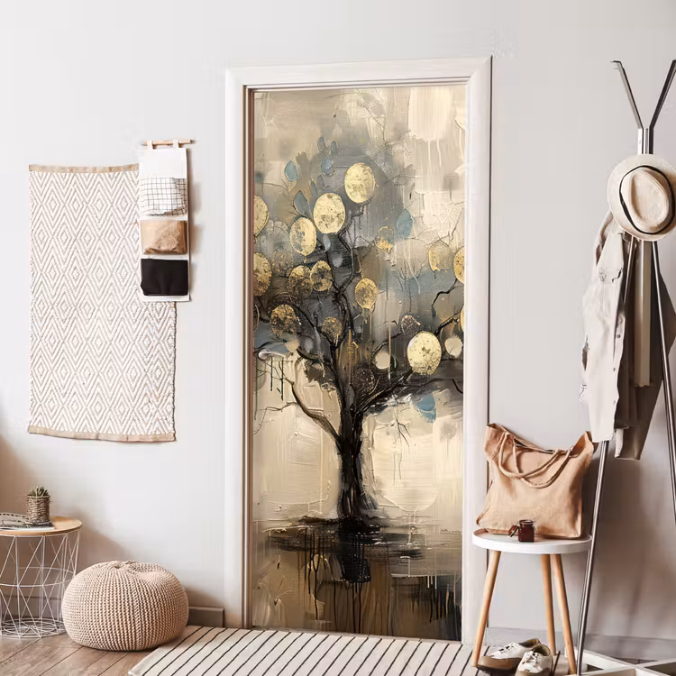 Beige - Abstract - Boom - Goud deurposter klein -sfeer6