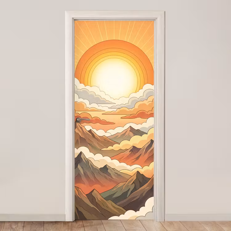 Bergen - Wolken - Natuur - Zonsopgang - Oranje deurposter klein -3d_beige