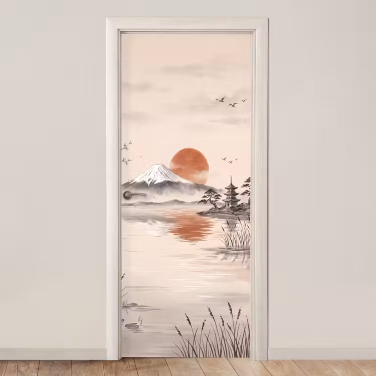 Bergtop - Meer - Bloesem deurposter klein -3d_beige