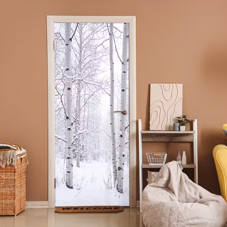 Berkenbomen - Sneeuw - Winter - Bos - Wit deurposter klein -sfeer1