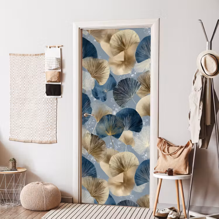 Bladeren - Abstract - Goud - Blauw deurposter klein -sfeer6