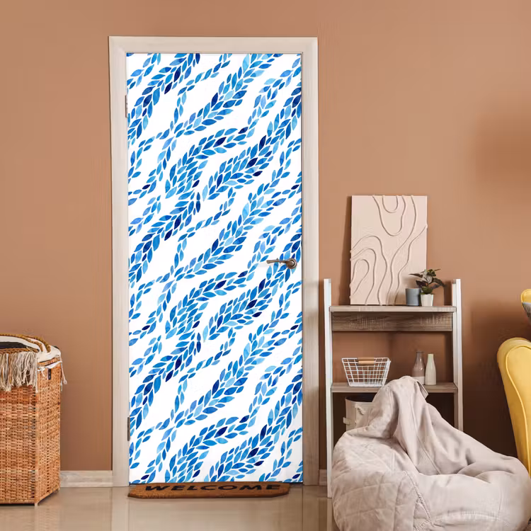 Bladeren - Aquarel - Patroon - Modern - Blauw deurposter klein -sfeer1