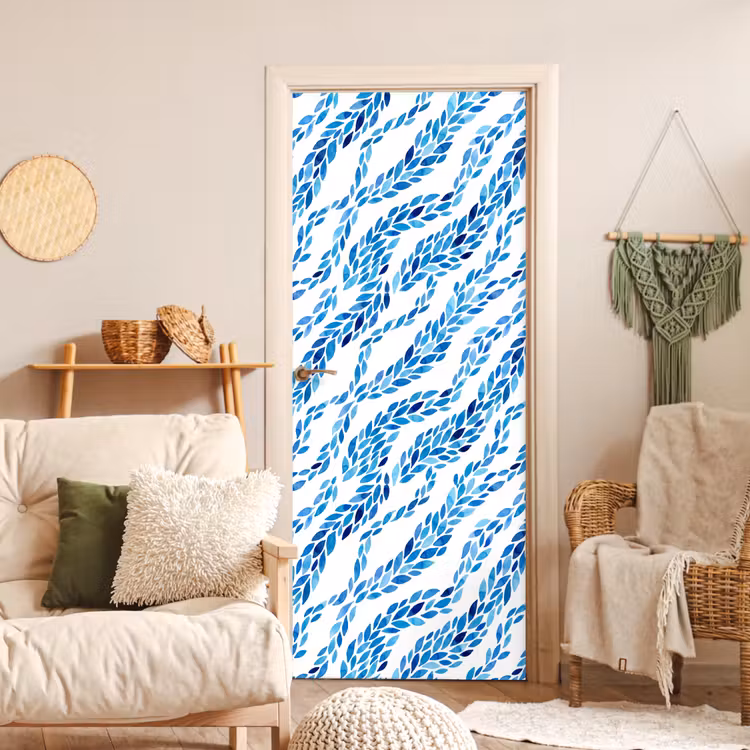 Bladeren - Aquarel - Patroon - Modern - Blauw deurposter klein -sfeer2