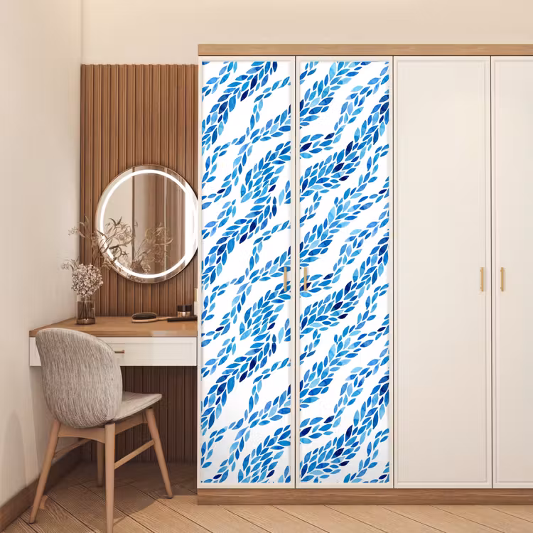 Bladeren - Aquarel - Patroon - Modern - Blauw deurposter klein -sfeer3