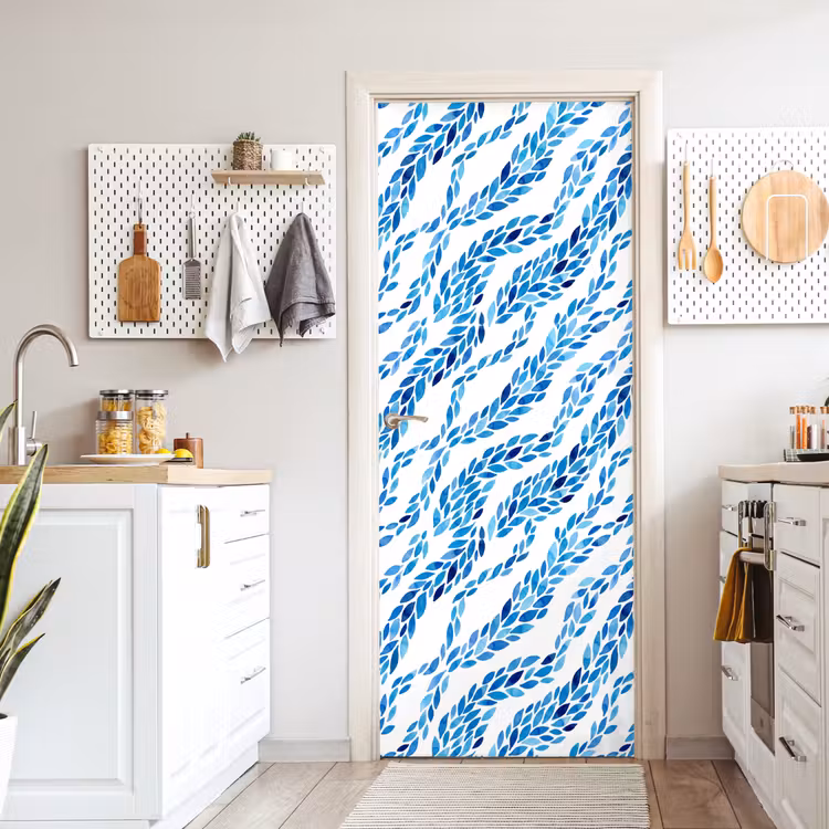 Bladeren - Aquarel - Patroon - Modern - Blauw deurposter klein -sfeer5