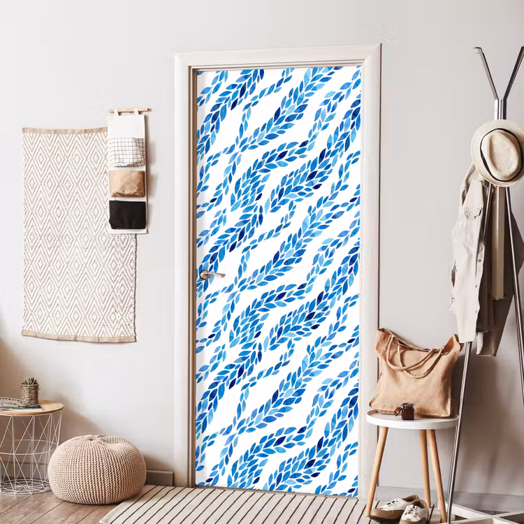 Bladeren - Aquarel - Patroon - Modern - Blauw deurposter klein -sfeer6
