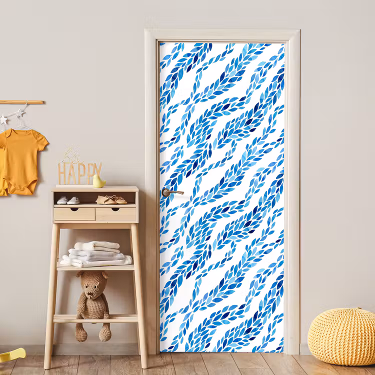 Bladeren - Aquarel - Patroon - Modern - Blauw deurposter klein -sfeer4