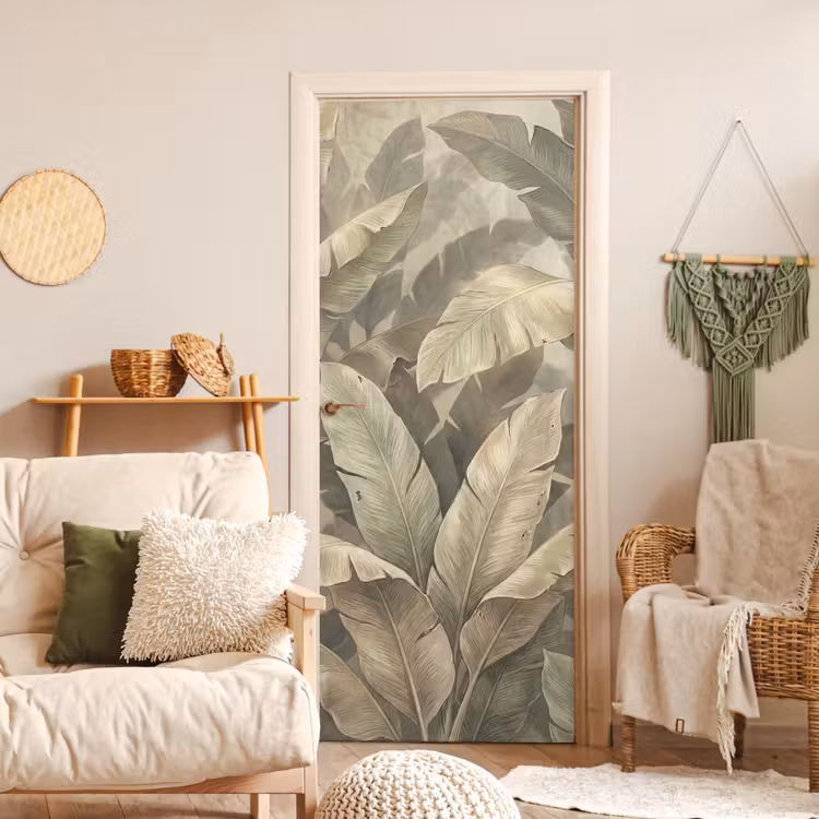 Bladeren - Tropisch - Natuur - Modern - Beige deurposter klein -sfeer2