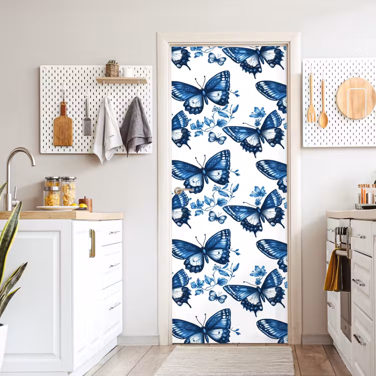 Blauw - Vlinders - Bloemen - Wit deurposter klein 289 -sfeer5