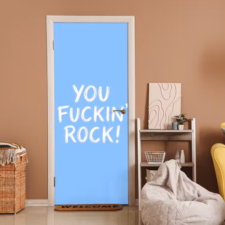 Blauw - Wit - You fuckin rock deurposter klein -sfeer1