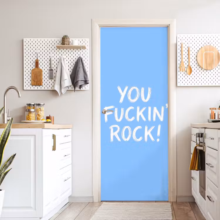 Blauw - Wit - You fuckin rock deurposter klein -sfeer5