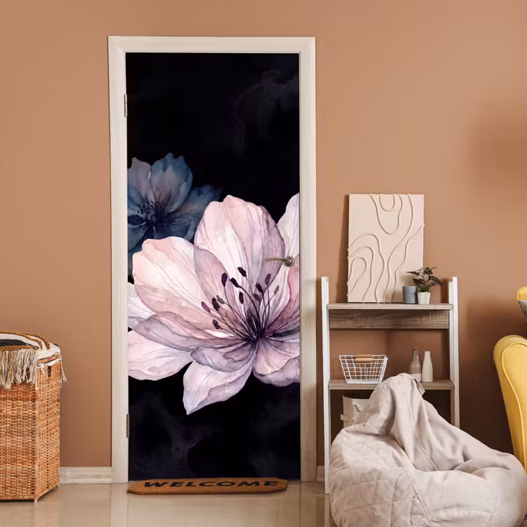Bloemen - Aquarel - Modern - Roze - Donker deurposter klein -sfeer1