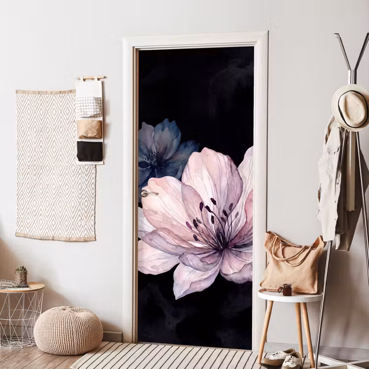 Bloemen - Aquarel - Modern - Roze - Donker deurposter klein -sfeer6