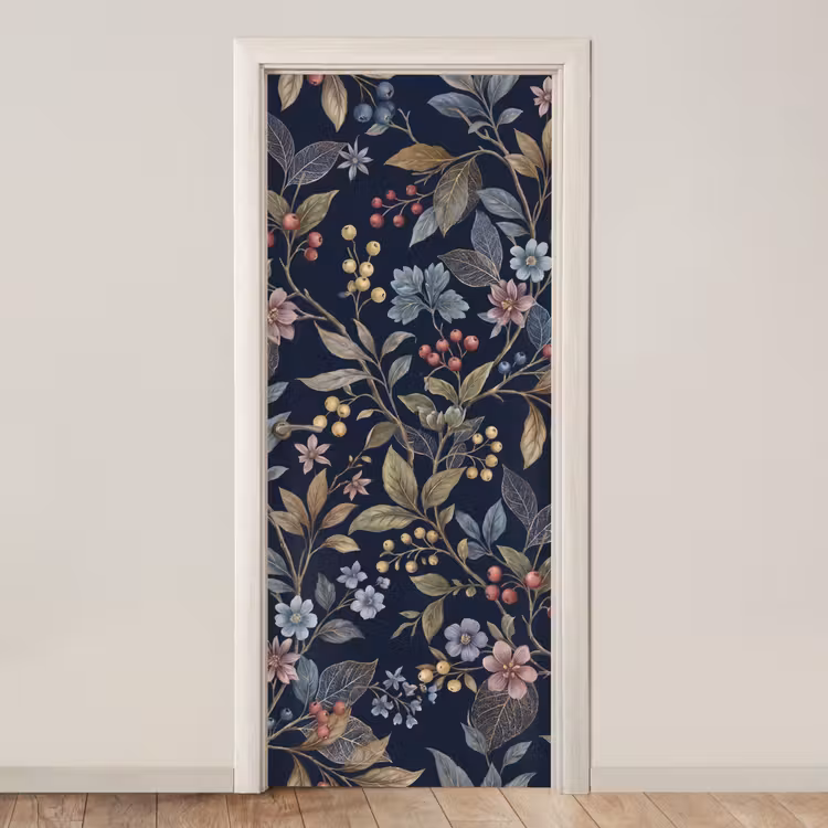 Bloemen - Bladeren - Patroon - Botanisch - Donkerblauw deurposter klein -3d_beige