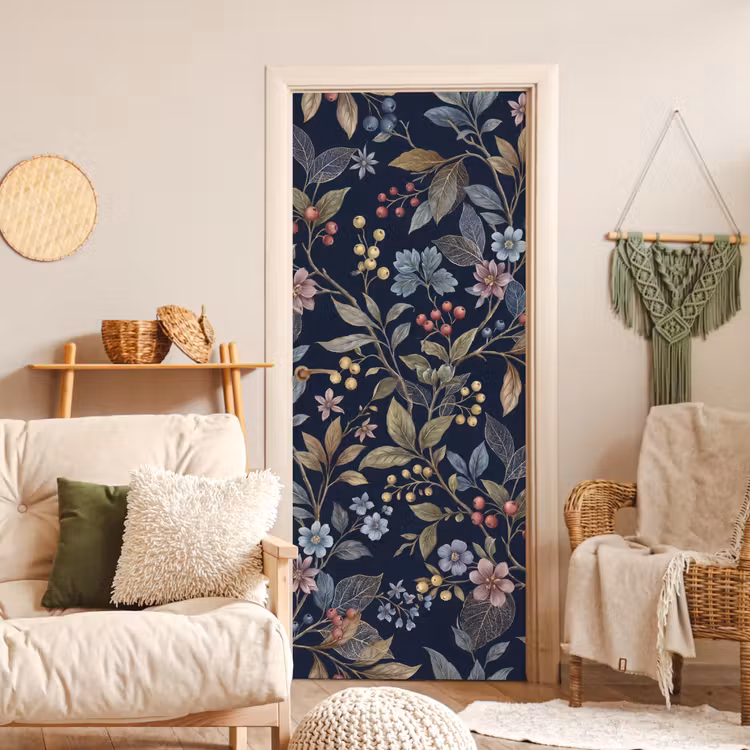 Bloemen - Bladeren - Patroon - Botanisch - Donkerblauw deurposter klein -sfeer2