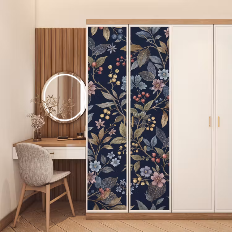 Bloemen - Bladeren - Patroon - Botanisch - Donkerblauw deurposter klein -sfeer3