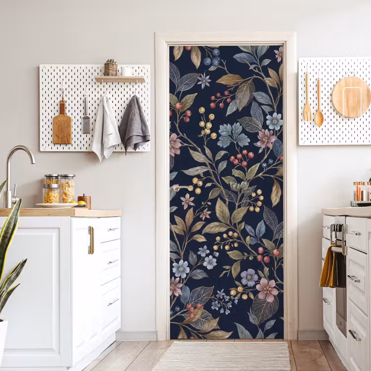 Bloemen - Bladeren - Patroon - Botanisch - Donkerblauw deurposter klein -sfeer5