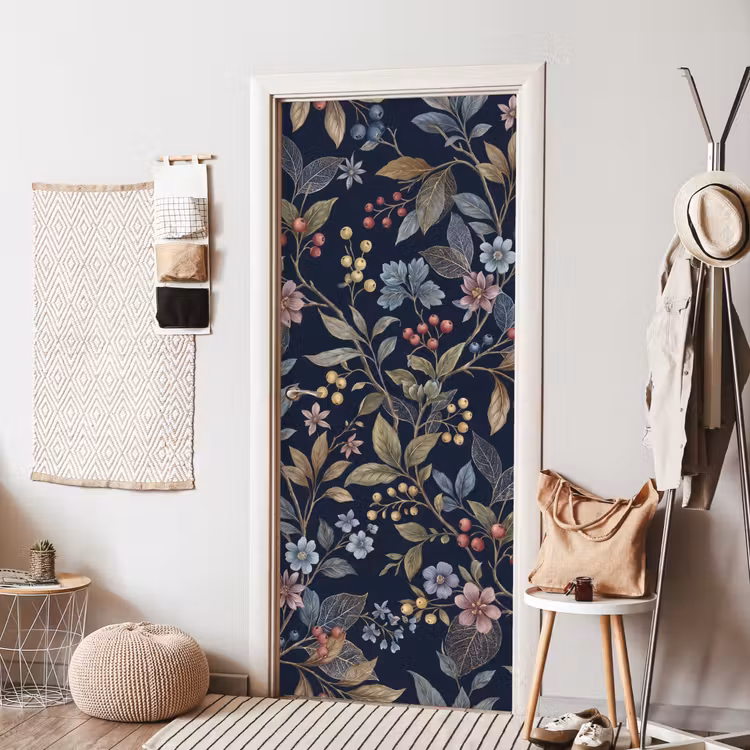 Bloemen - Bladeren - Patroon - Botanisch - Donkerblauw deurposter klein -sfeer6