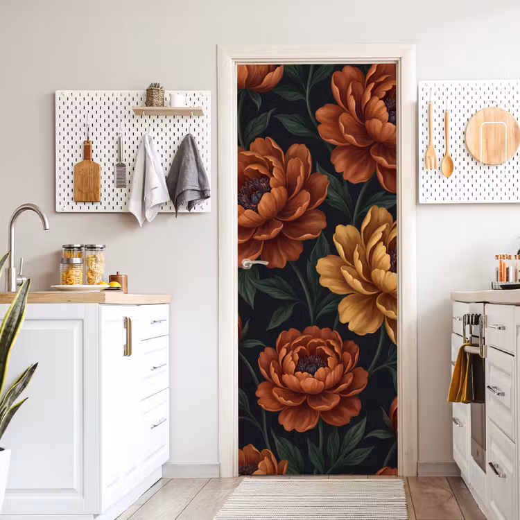 Bloemen - Bladeren - Natuur - Modern - Oranje deurposter klein -sfeer5
