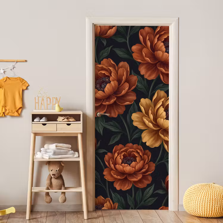 Bloemen - Bladeren - Natuur - Modern - Oranje deurposter klein -sfeer4