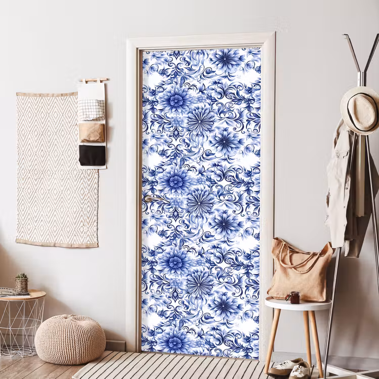 Bloemen - Blauw - Patroon - Wit deurposter klein 289 -sfeer6