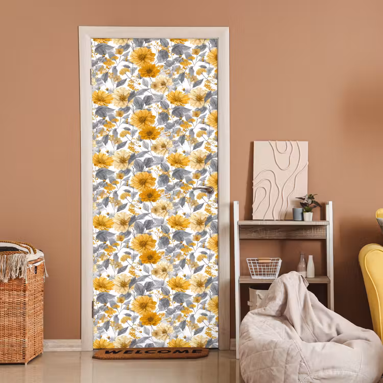 Bloemen - Botanisch - Elegant - Okergeel - Grijs deurposter klein 289 -sfeer1