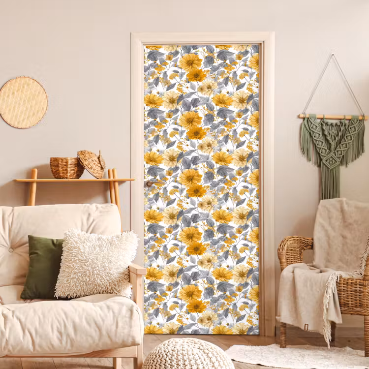 Bloemen - Botanisch - Elegant - Okergeel - Grijs deurposter klein 289 -sfeer2