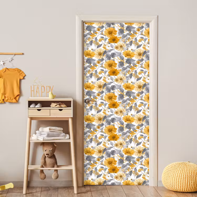 Bloemen - Botanisch - Elegant - Okergeel - Grijs deurposter klein 289 -sfeer4