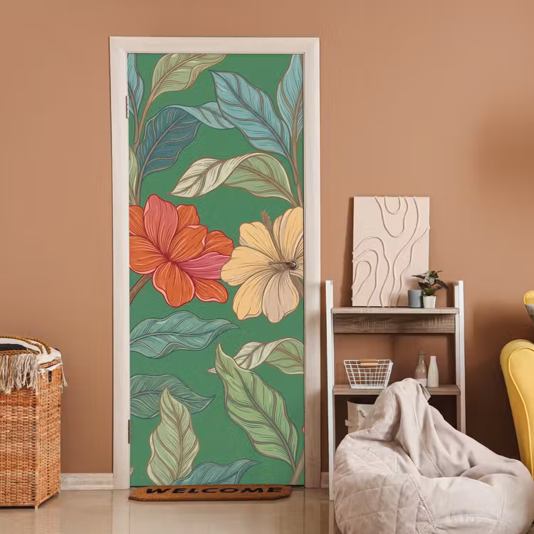 Türtapete - Blumen – Grün – Illustration - Bloemen - Groen - Illustratie deurposter klein