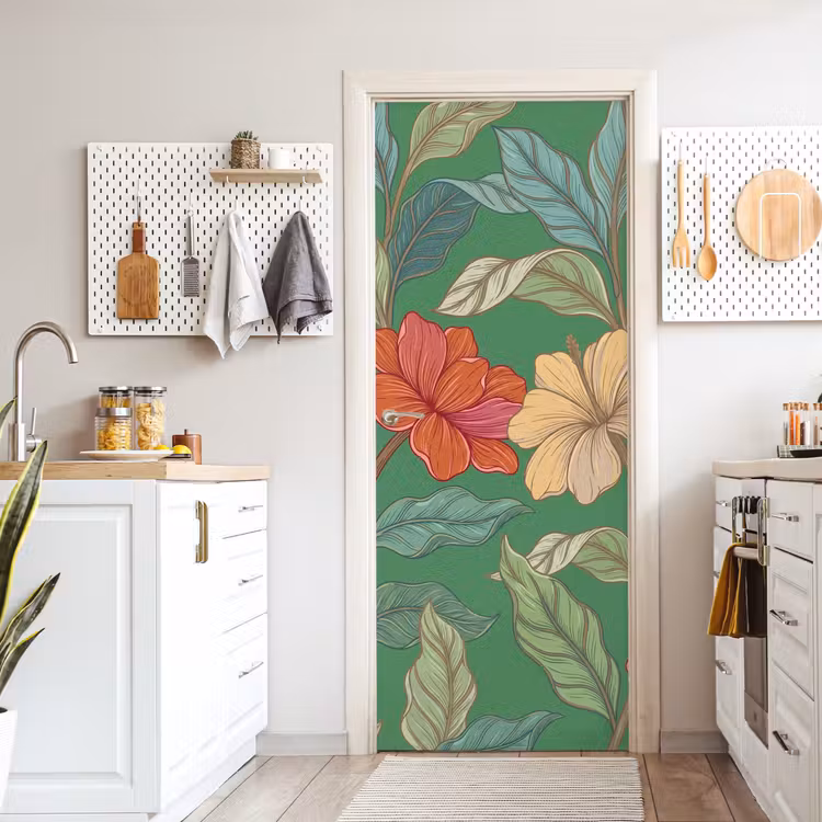 Türtapete - Blumen – Grün – Illustration - Bloemen - Groen - Illustratie deurposter klein